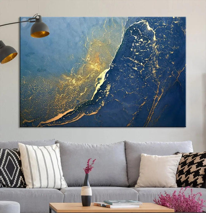 Blue Gold Abstract Wall Art Canvas Print Modern Marble Wall Decor