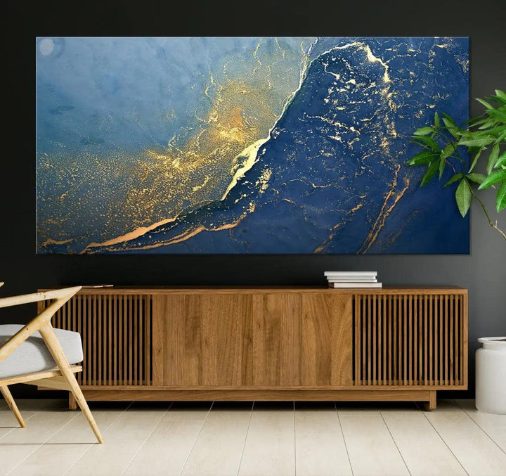 Blue Gold Abstract Wall Art Canvas Print Modern Marble Wall Decor