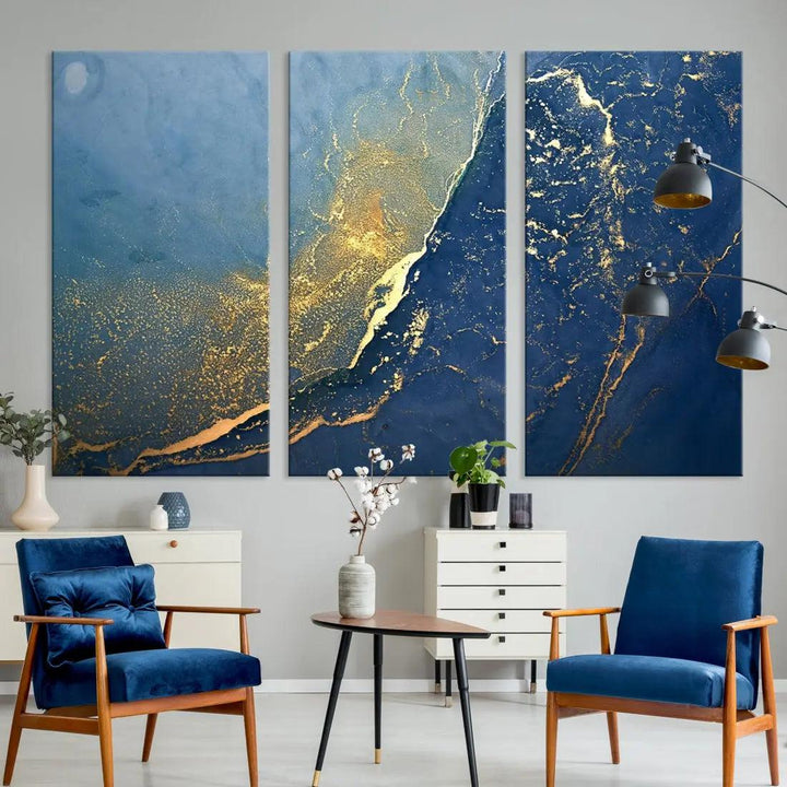 Blue Gold Abstract Wall Art Canvas Print Modern Marble Wall Decor