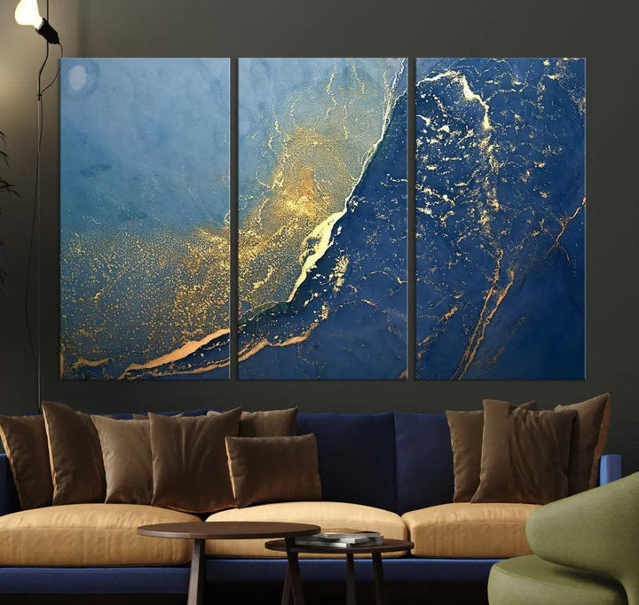 Blue Gold Abstract Wall Art Canvas Print Modern Marble Wall Decor