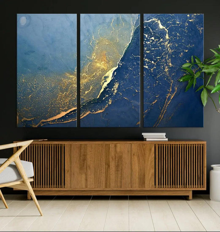 Blue Gold Abstract Wall Art Canvas Print Modern Marble Wall Decor