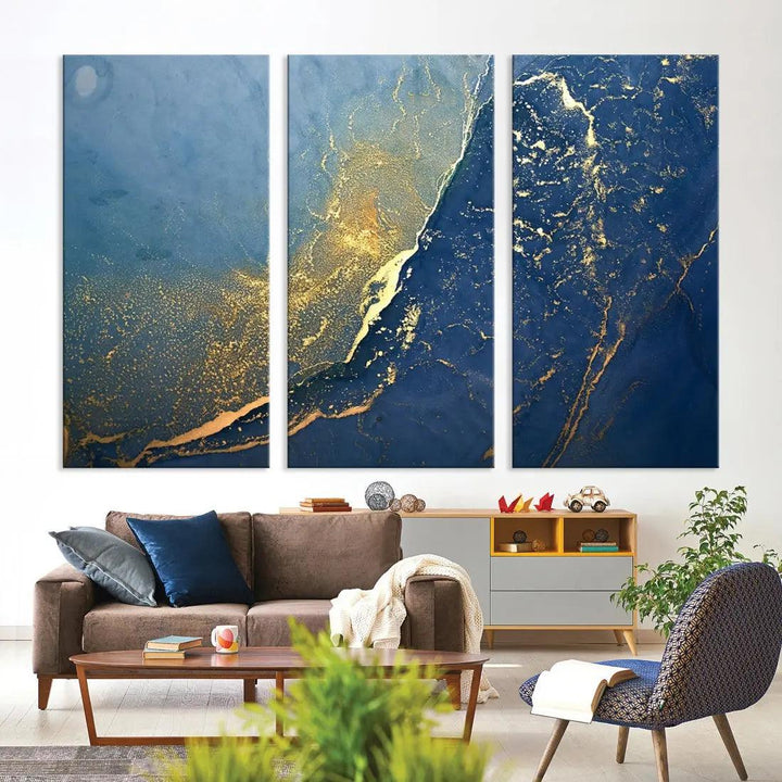 Blue Gold Abstract Wall Art Canvas Print Modern Marble Wall Decor