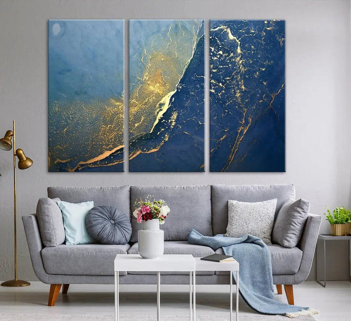 Blue Gold Abstract Wall Art Canvas Print Modern Marble Wall Decor