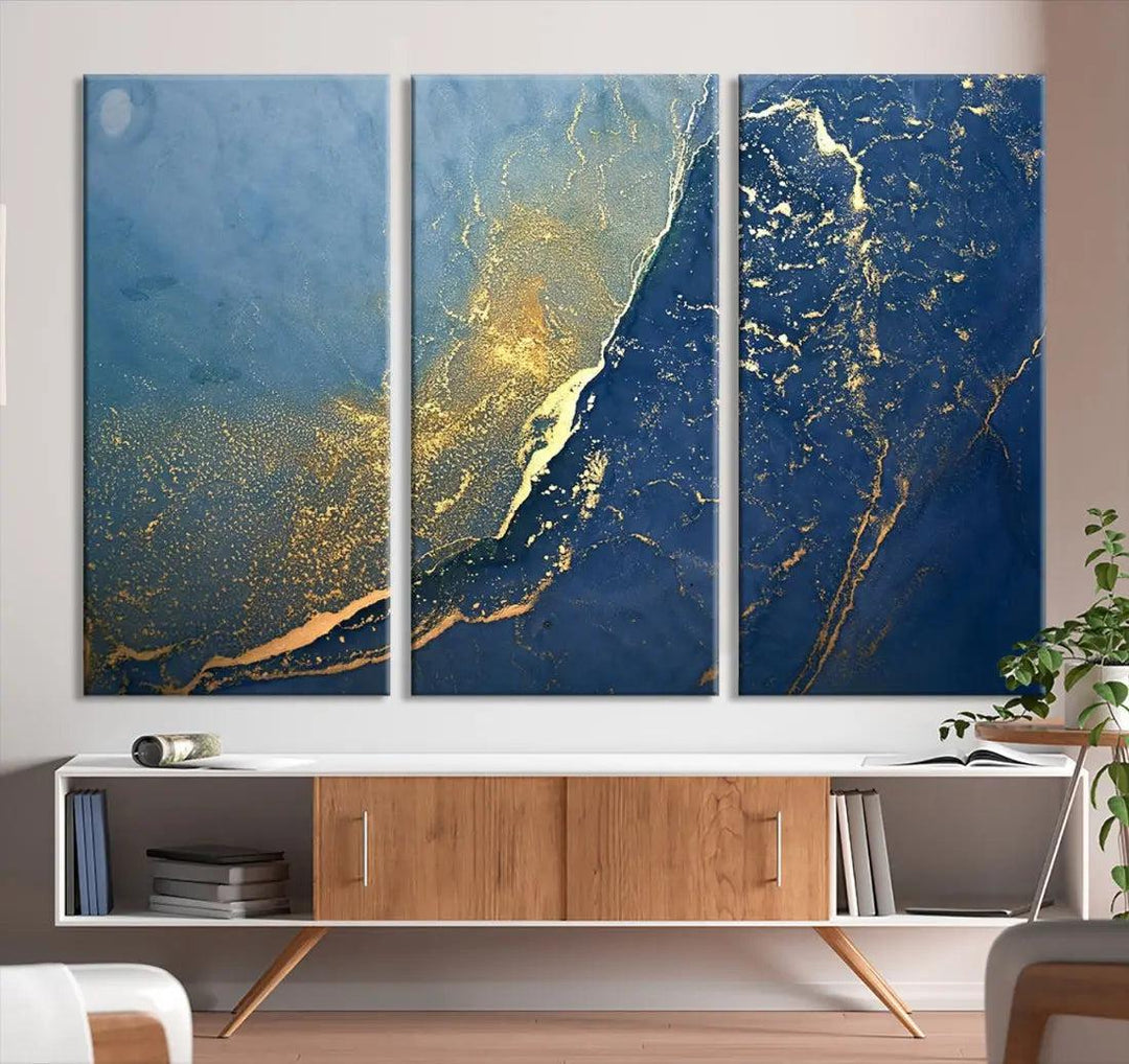 Blue Gold Abstract Wall Art Canvas Print Modern Marble Wall Decor