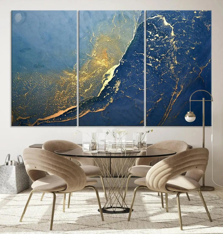 Blue Gold Abstract Wall Art Canvas Print Modern Marble Wall Decor