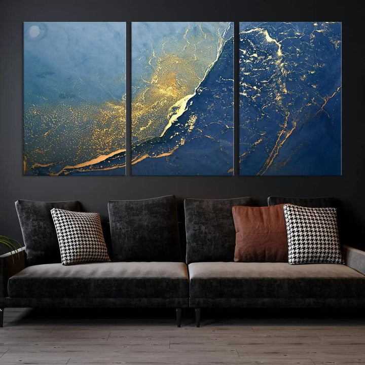 Blue Gold Abstract Wall Art Canvas Print Modern Marble Wall Decor