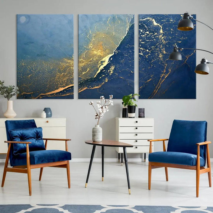 Blue Gold Abstract Wall Art Canvas Print Modern Marble Wall Decor