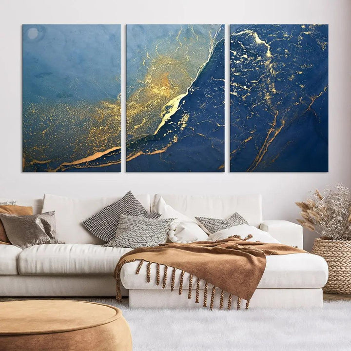 Blue Gold Abstract Wall Art Canvas Print Modern Marble Wall Decor