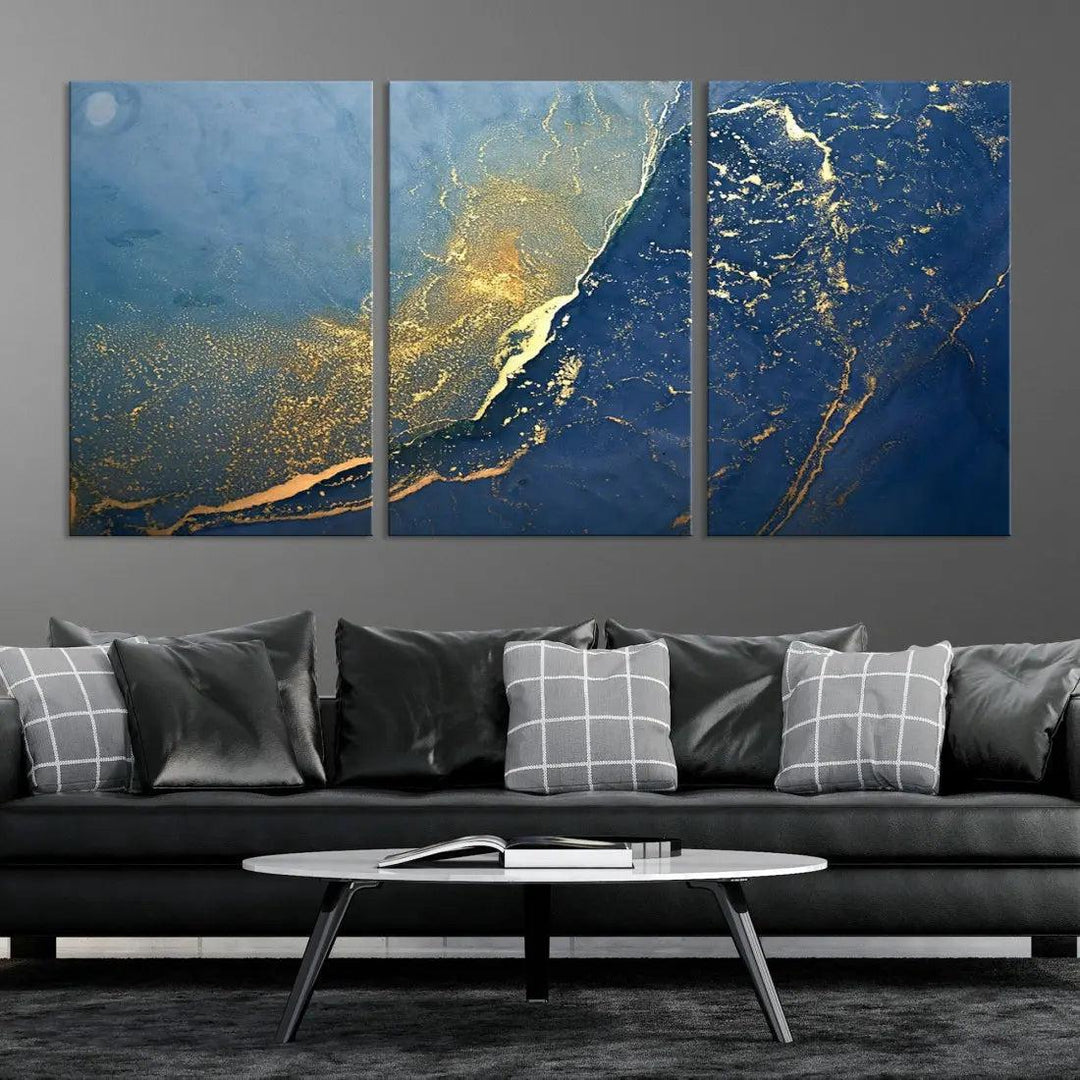 Blue Gold Abstract Wall Art Canvas Print Modern Marble Wall Decor