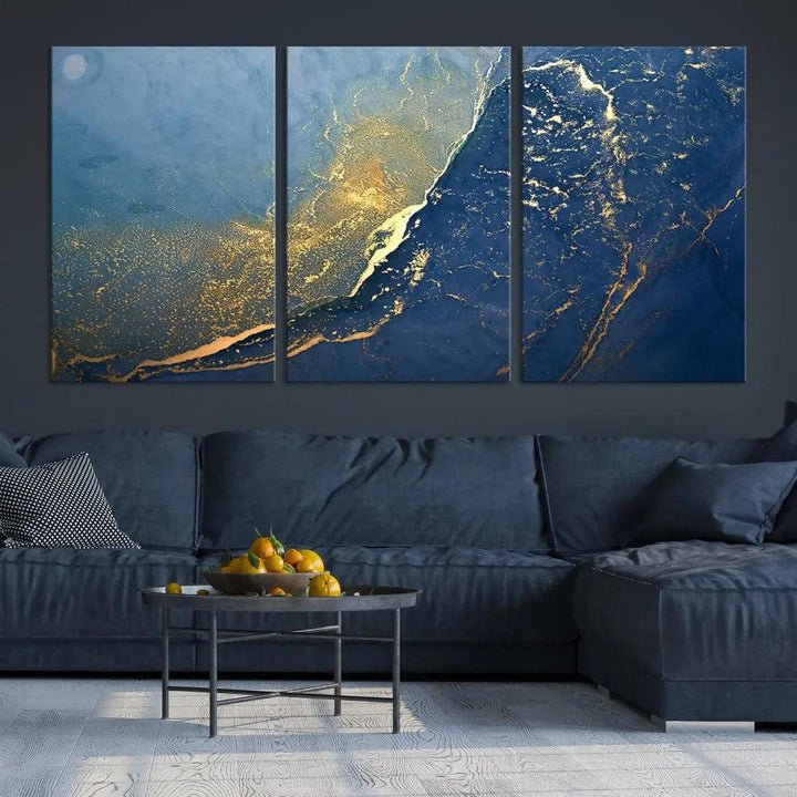 Blue Gold Abstract Wall Art Canvas Print Modern Marble Wall Decor