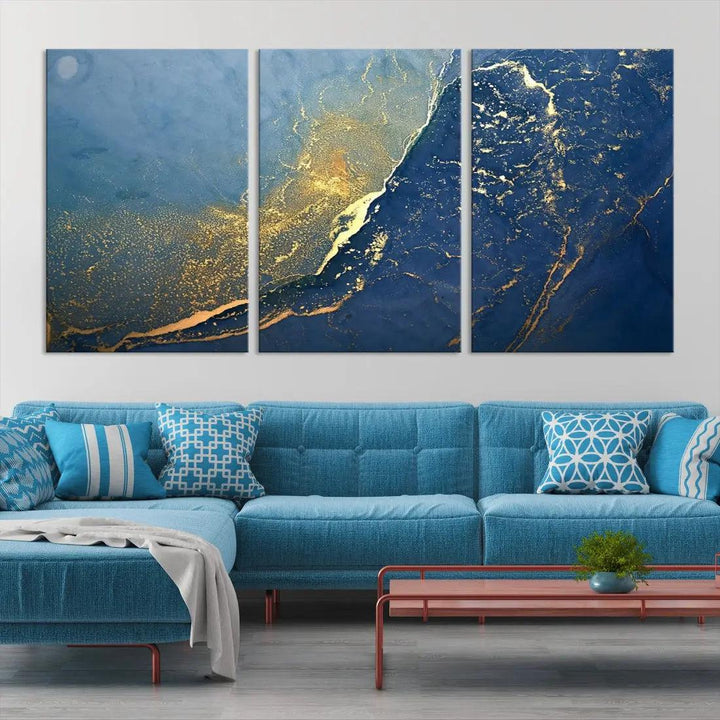 Blue Gold Abstract Wall Art Canvas Print Modern Marble Wall Decor