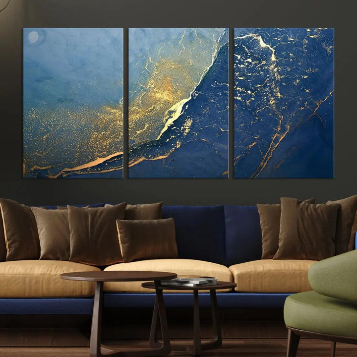 Blue Gold Abstract Wall Art Canvas Print Modern Marble Wall Decor