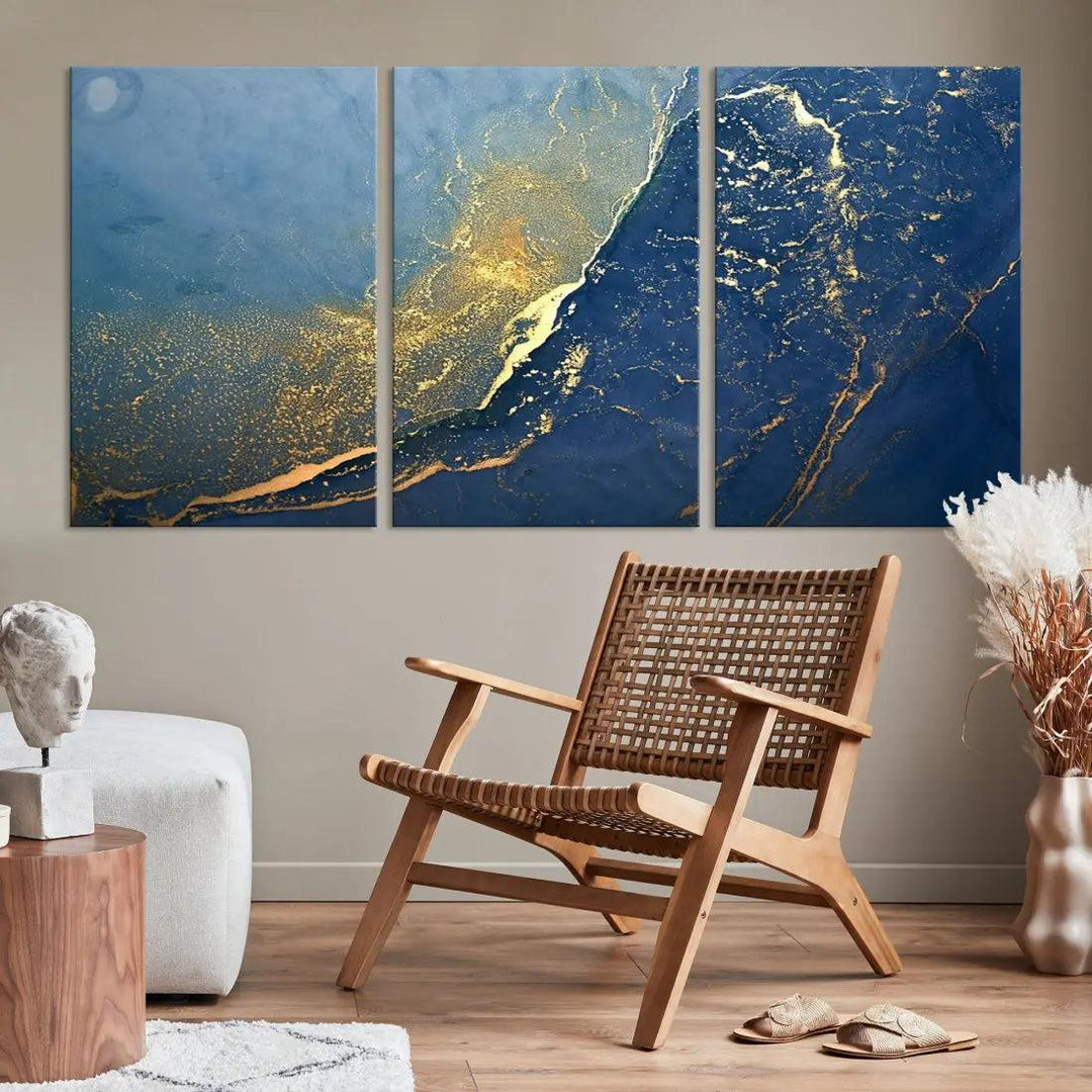 Blue Gold Abstract Wall Art Canvas Print Modern Marble Wall Decor