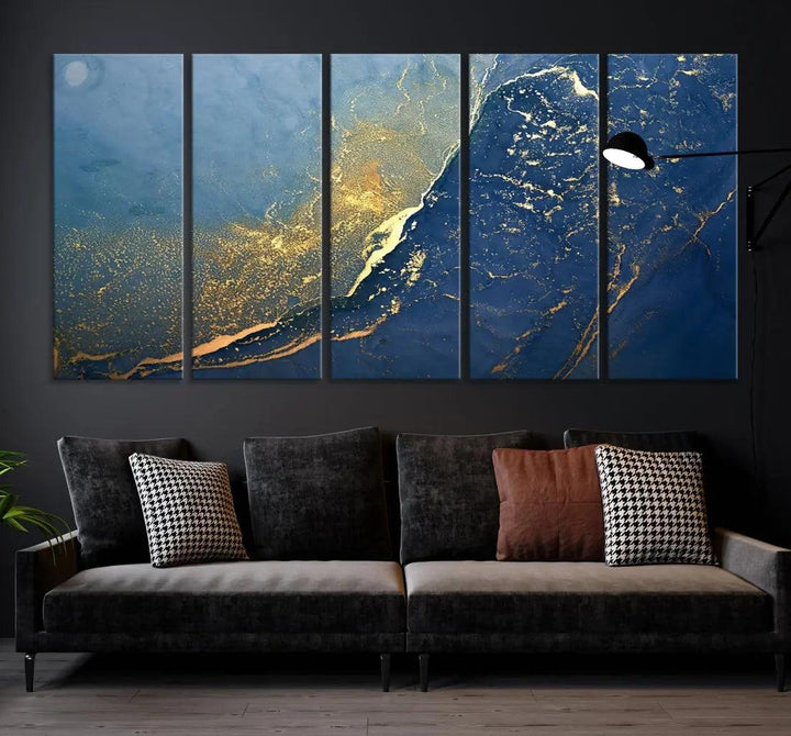 Blue Gold Abstract Wall Art Canvas Print Modern Marble Wall Decor