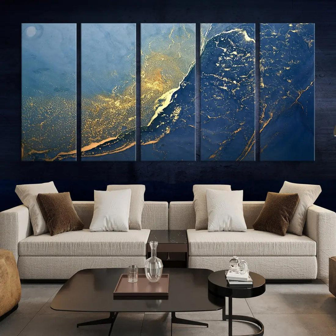 Blue Gold Abstract Wall Art Canvas Print Modern Marble Wall Decor