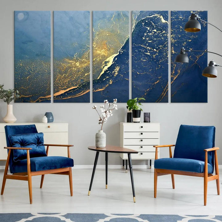 Blue Gold Abstract Wall Art Canvas Print Modern Marble Wall Decor