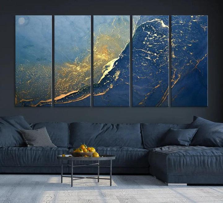 Blue Gold Abstract Wall Art Canvas Print Modern Marble Wall Decor