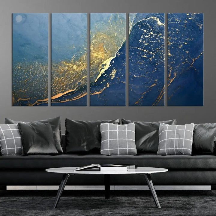 Blue Gold Abstract Wall Art Canvas Print Modern Marble Wall Decor