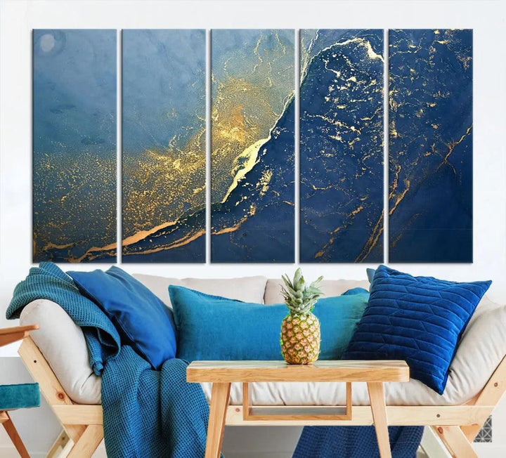 Blue Gold Abstract Wall Art Canvas Print Modern Marble Wall Decor