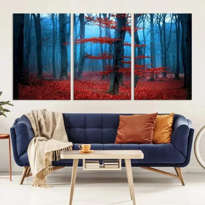 Blue Misty Forest Wall Art Autumn Tree Canvas Print Foggy Nature Landscape