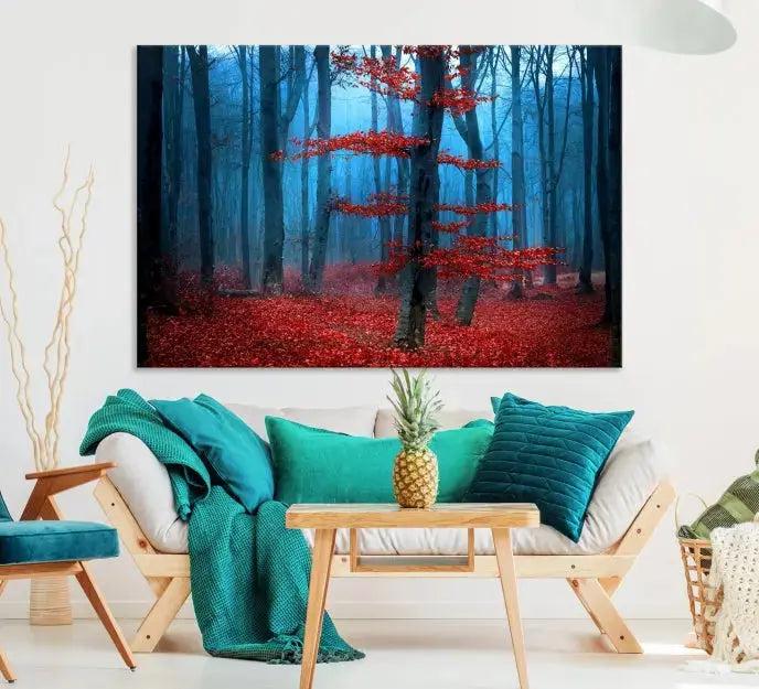 Blue Misty Forest Wall Art Autumn Tree Canvas Print Foggy Nature Landscape