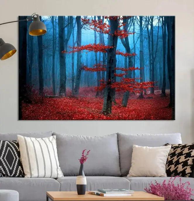 Blue Misty Forest Wall Art Autumn Tree Canvas Print Foggy Nature Landscape