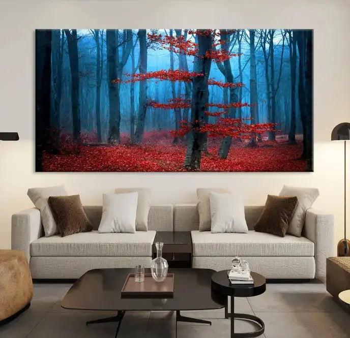 Blue Misty Forest Wall Art Autumn Tree Canvas Print Foggy Nature Landscape