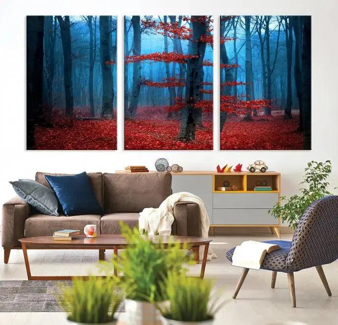 Blue Misty Forest Wall Art Autumn Tree Canvas Print Foggy Nature Landscape