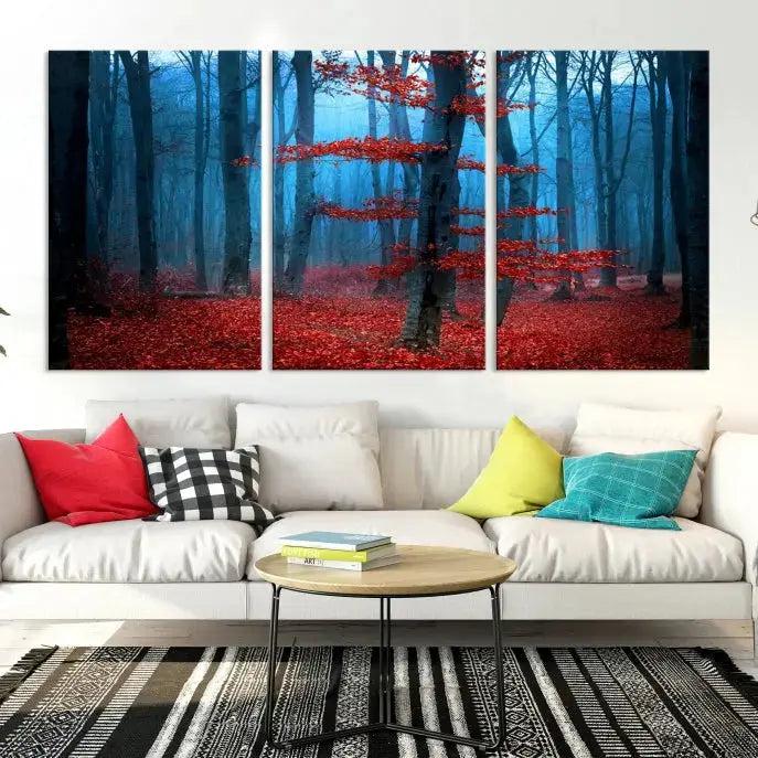 Blue Misty Forest Wall Art Autumn Tree Canvas Print Foggy Nature Landscape