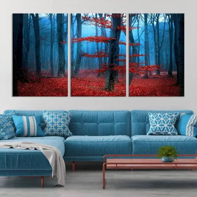 Blue Misty Forest Wall Art Autumn Tree Canvas Print Foggy Nature Landscape