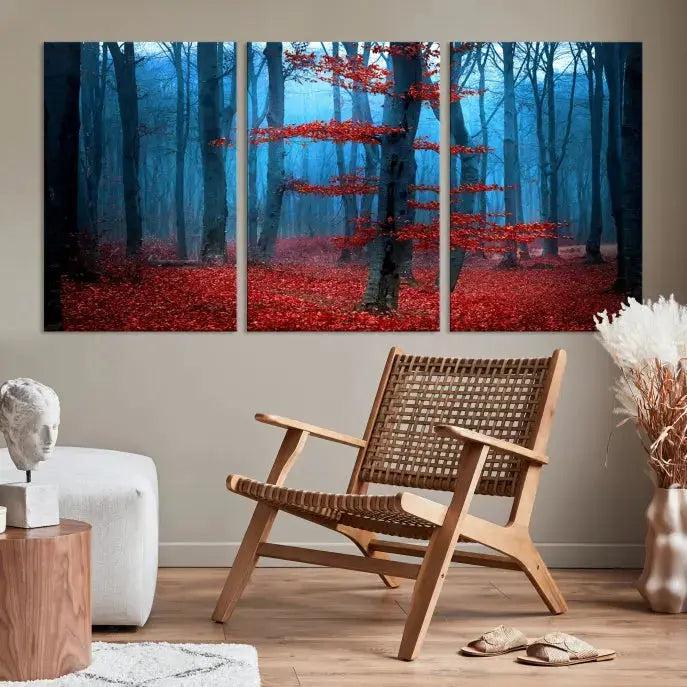 Blue Misty Forest Wall Art Autumn Tree Canvas Print Foggy Nature Landscape