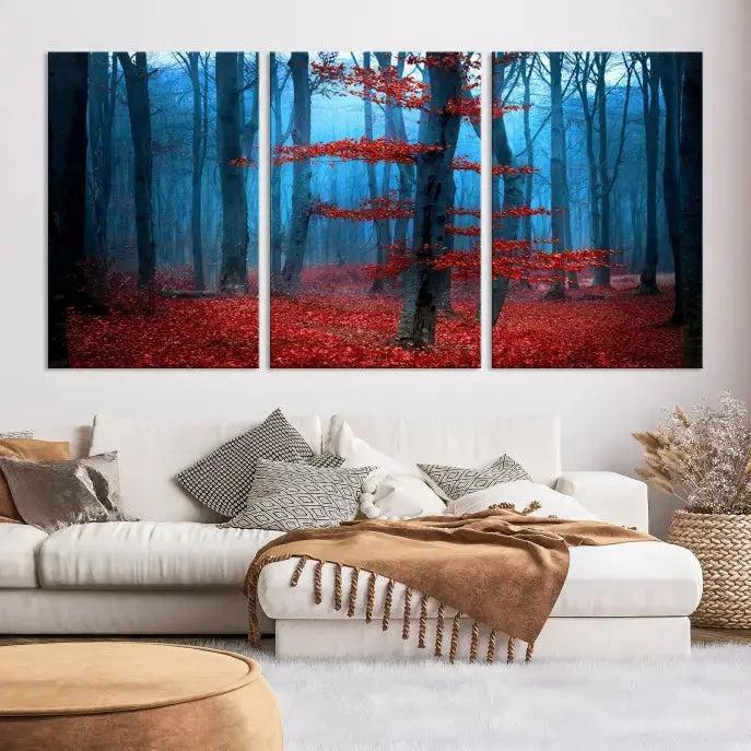 Blue Misty Forest Wall Art Autumn Tree Canvas Print Foggy Nature Landscape