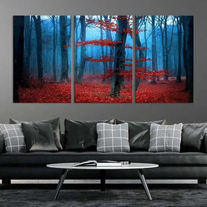 Blue Misty Forest Wall Art Autumn Tree Canvas Print Foggy Nature Landscape