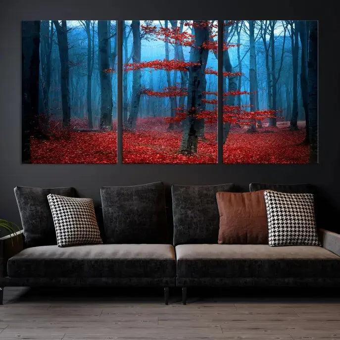 Blue Misty Forest Wall Art Autumn Tree Canvas Print Foggy Nature Landscape