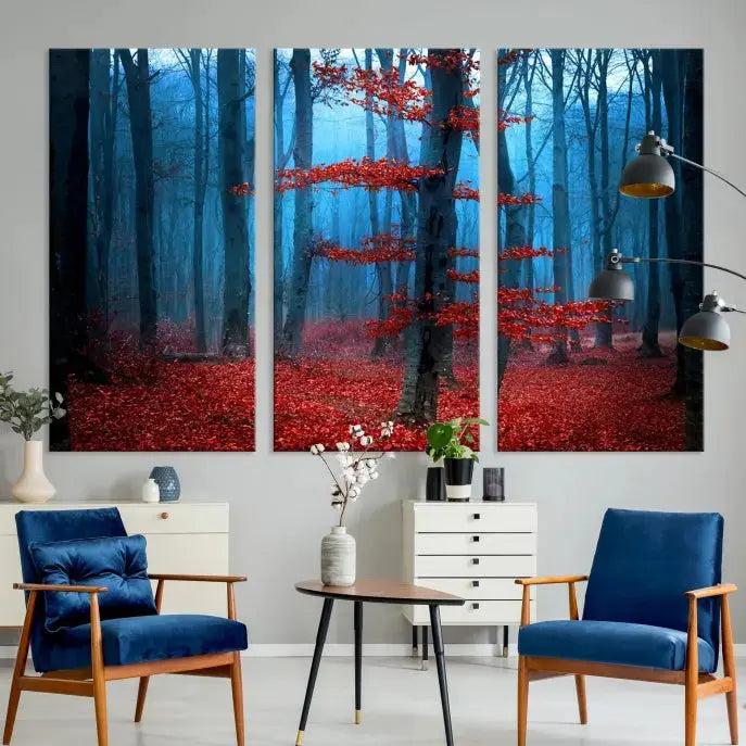 Blue Misty Forest Wall Art Autumn Tree Canvas Print Foggy Nature Landscape