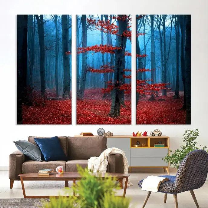 Blue Misty Forest Wall Art Autumn Tree Canvas Print Foggy Nature Landscape