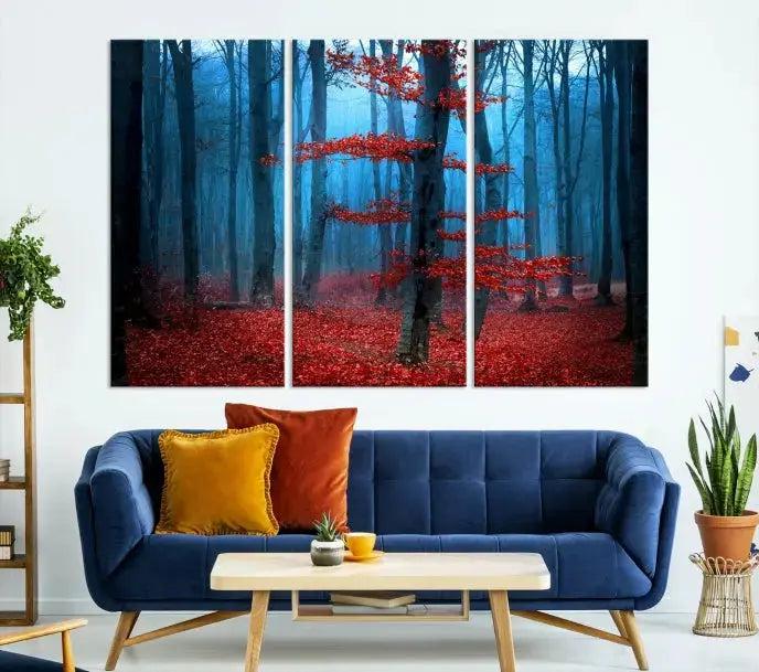 Blue Misty Forest Wall Art Autumn Tree Canvas Print Foggy Nature Landscape