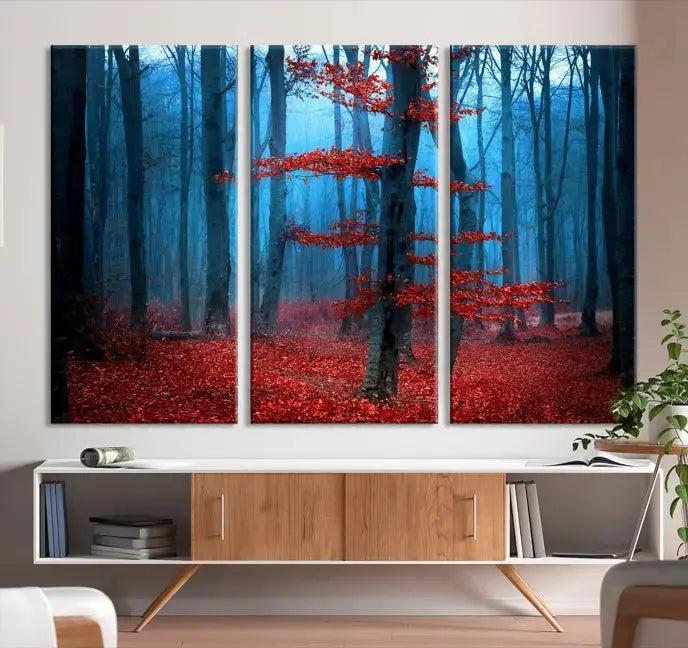 Blue Misty Forest Wall Art Autumn Tree Canvas Print Foggy Nature Landscape