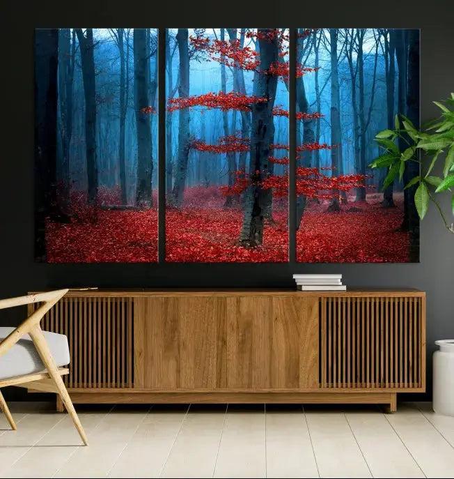 Blue Misty Forest Wall Art Autumn Tree Canvas Print Foggy Nature Landscape