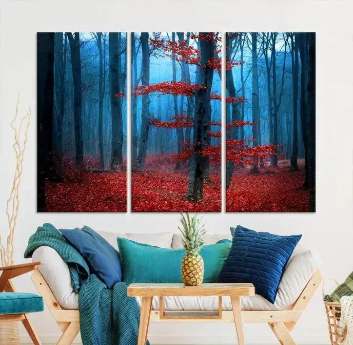 Blue Misty Forest Wall Art Autumn Tree Canvas Print Foggy Nature Landscape