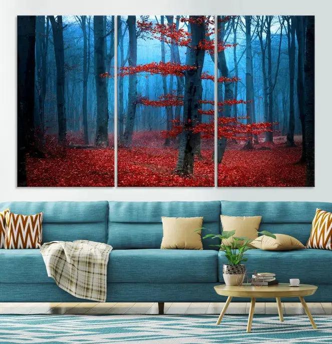 Blue Misty Forest Wall Art Autumn Tree Canvas Print Foggy Nature Landscape