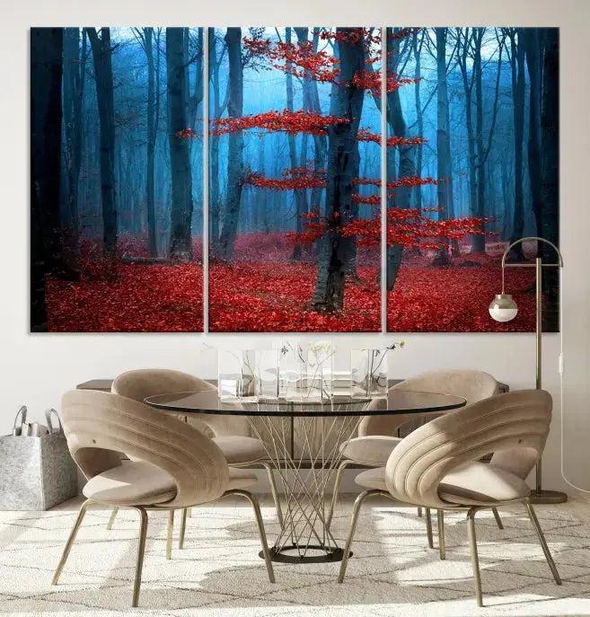 Blue Misty Forest Wall Art Autumn Tree Canvas Print Foggy Nature Landscape