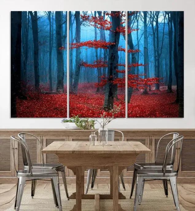 Blue Misty Forest Wall Art Autumn Tree Canvas Print Foggy Nature Landscape