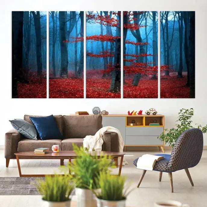 Blue Misty Forest Wall Art Autumn Tree Canvas Print Foggy Nature Landscape