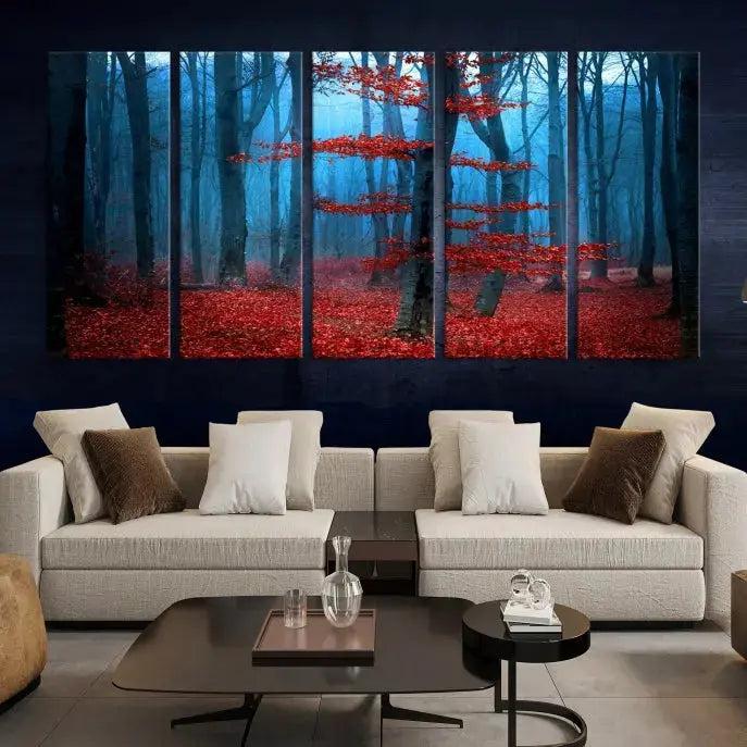 Blue Misty Forest Wall Art Autumn Tree Canvas Print Foggy Nature Landscape