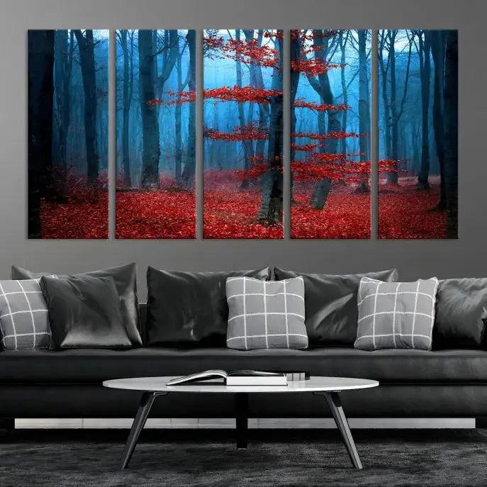 Blue Misty Forest Wall Art Autumn Tree Canvas Print Foggy Nature Landscape