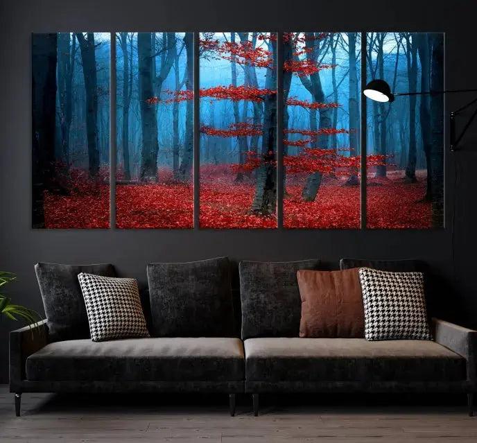 Blue Misty Forest Wall Art Autumn Tree Canvas Print Foggy Nature Landscape