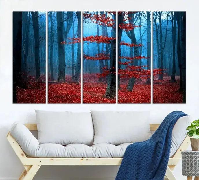 Blue Misty Forest Wall Art Autumn Tree Canvas Print Foggy Nature Landscape