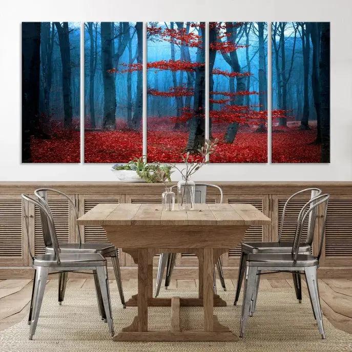 Blue Misty Forest Wall Art Autumn Tree Canvas Print Foggy Nature Landscape