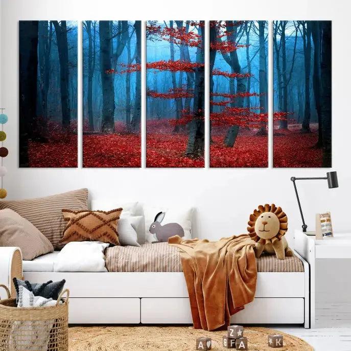 Blue Misty Forest Wall Art Autumn Tree Canvas Print Foggy Nature Landscape